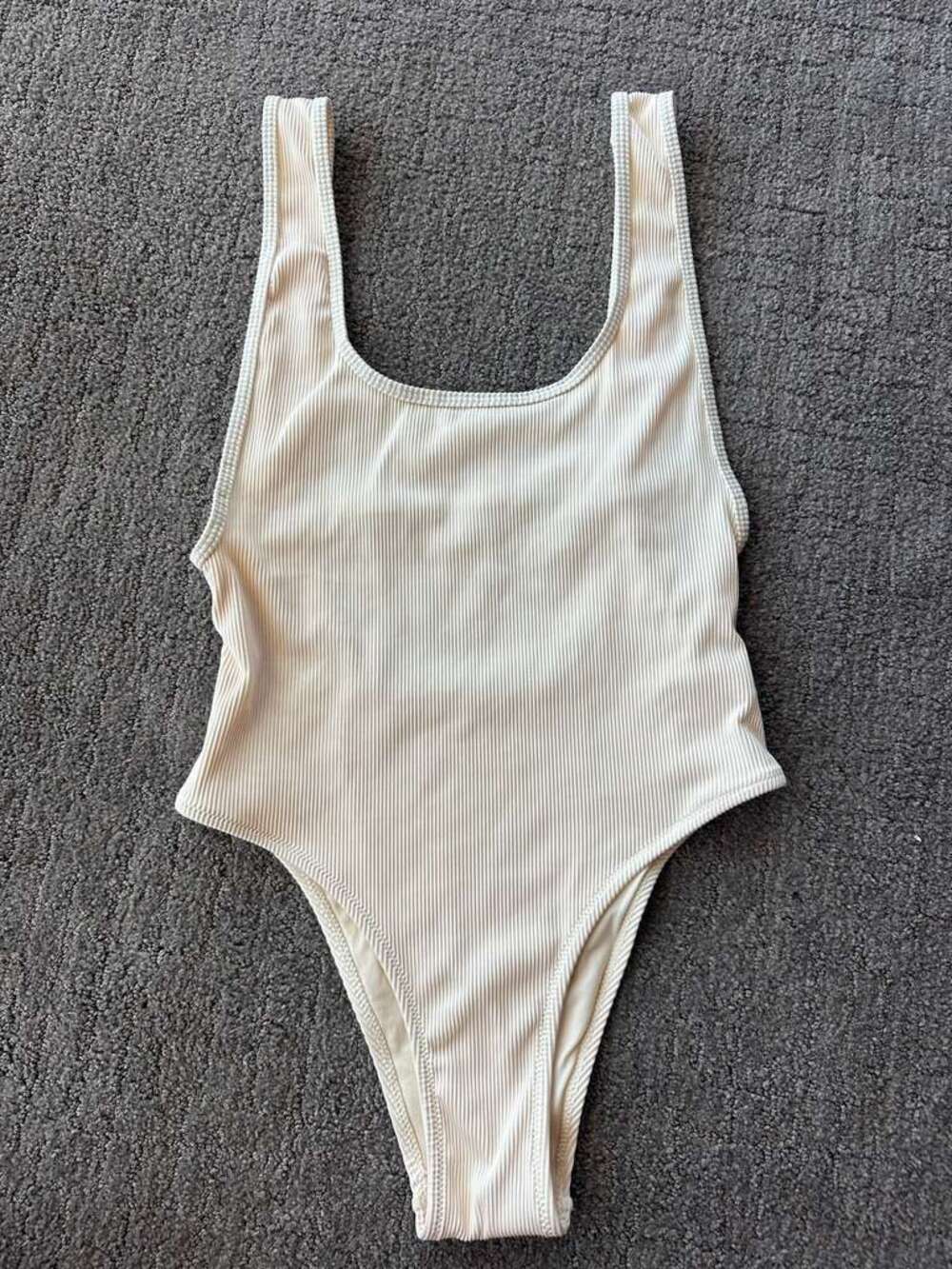 Zara Ribbed Scoop Neck High Cut Backless One Piece Swimsuit Cream Minimal - S